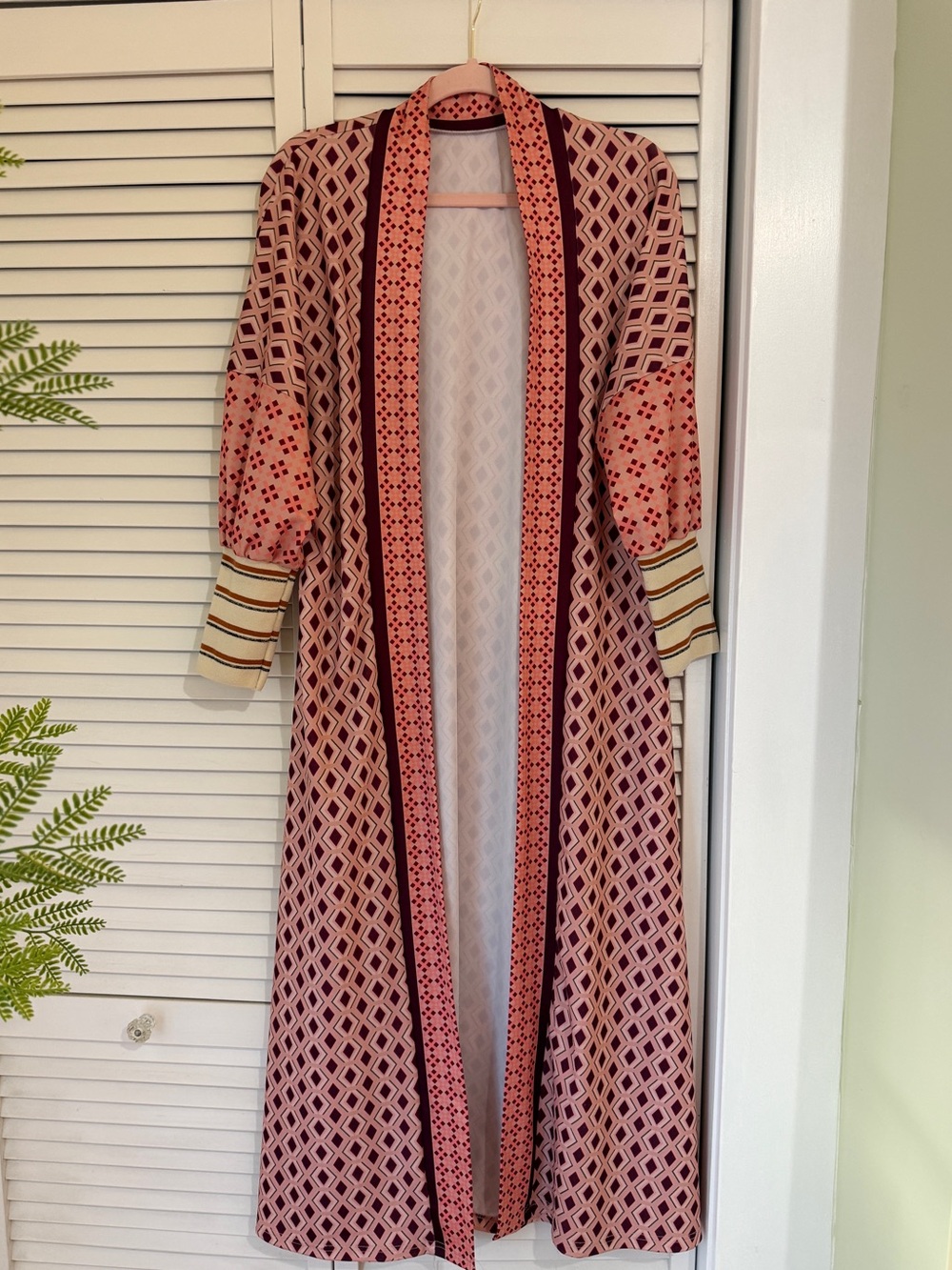 Long Open-Front Womens Dress Cardigan in Pink Geometric Print